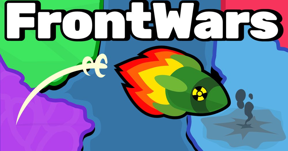 FrontWars のロゴと、色分けされた大陸の上を飛ぶミサイルが描かれた公式キーアート